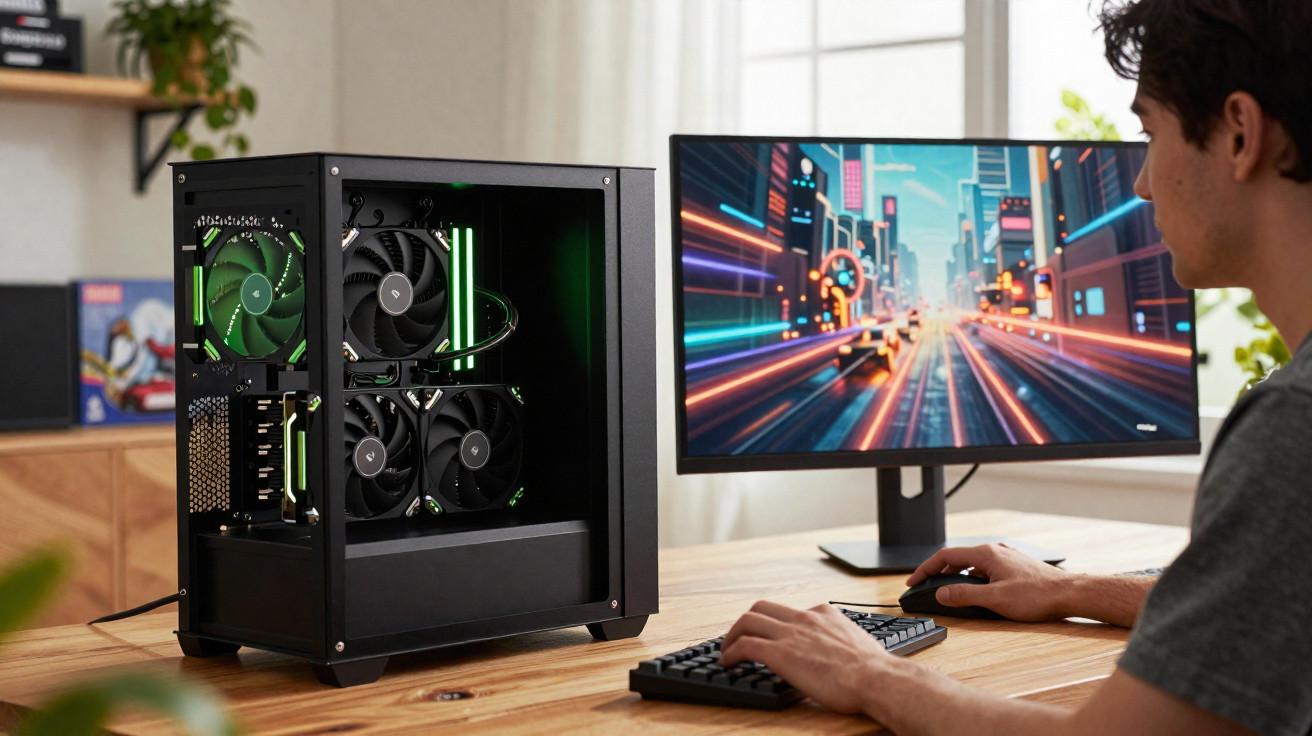 Person using desktop PC with transparent case and vibrant futuristic cityscape on screen in a bright room.