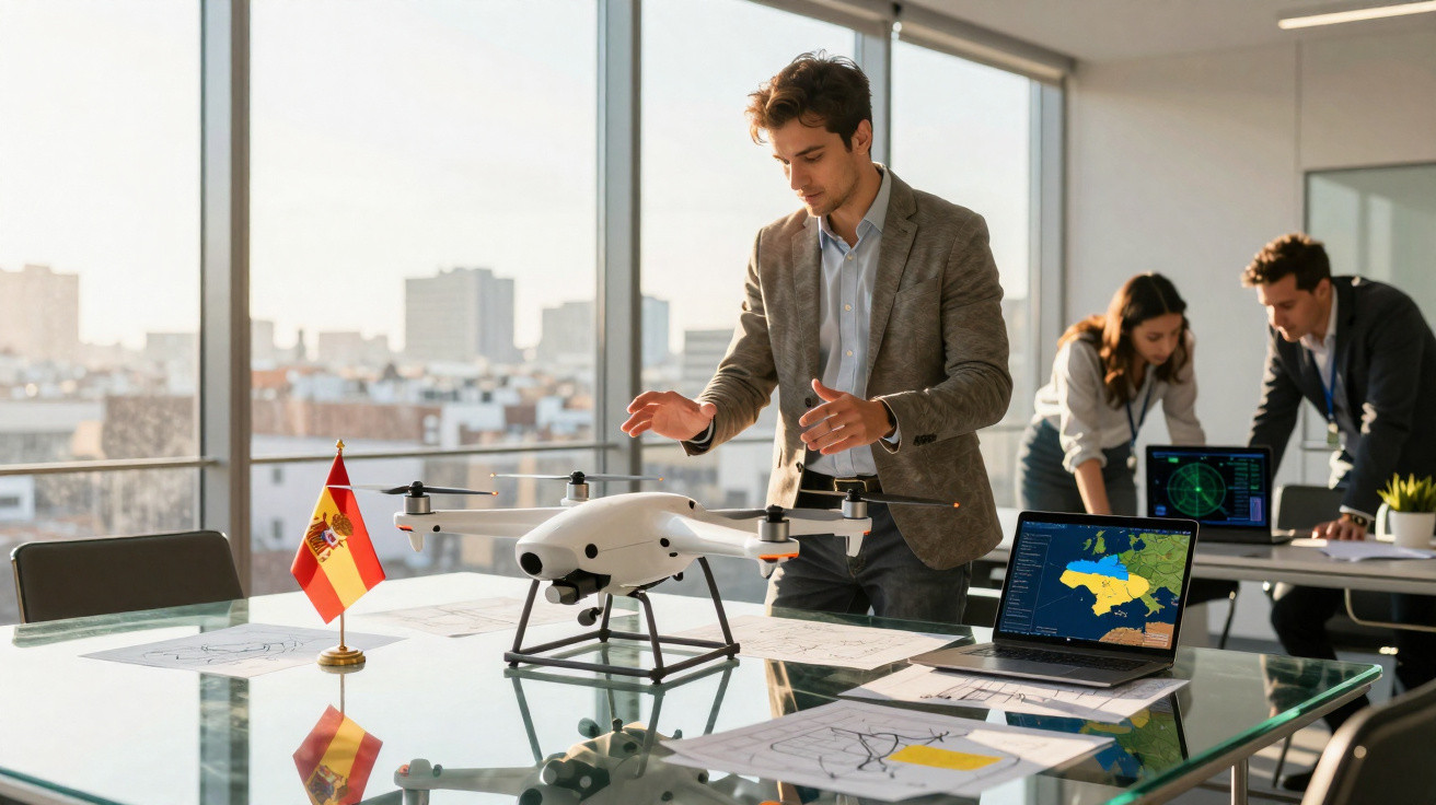 Man in office adjusting large white drone on table with laptop showing map, other colleagues working in background.