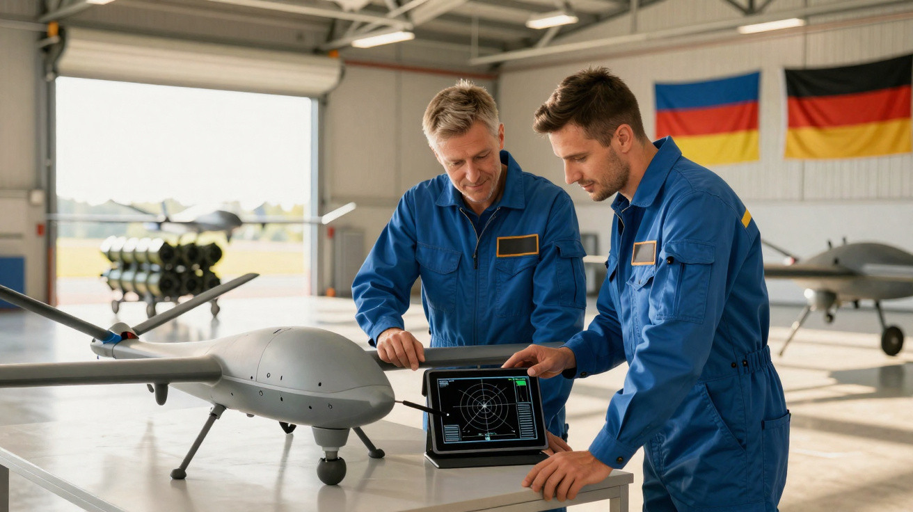 Two engineers in blue coveralls examining a drone and radar data on a tablet in an aircraft hangar.
