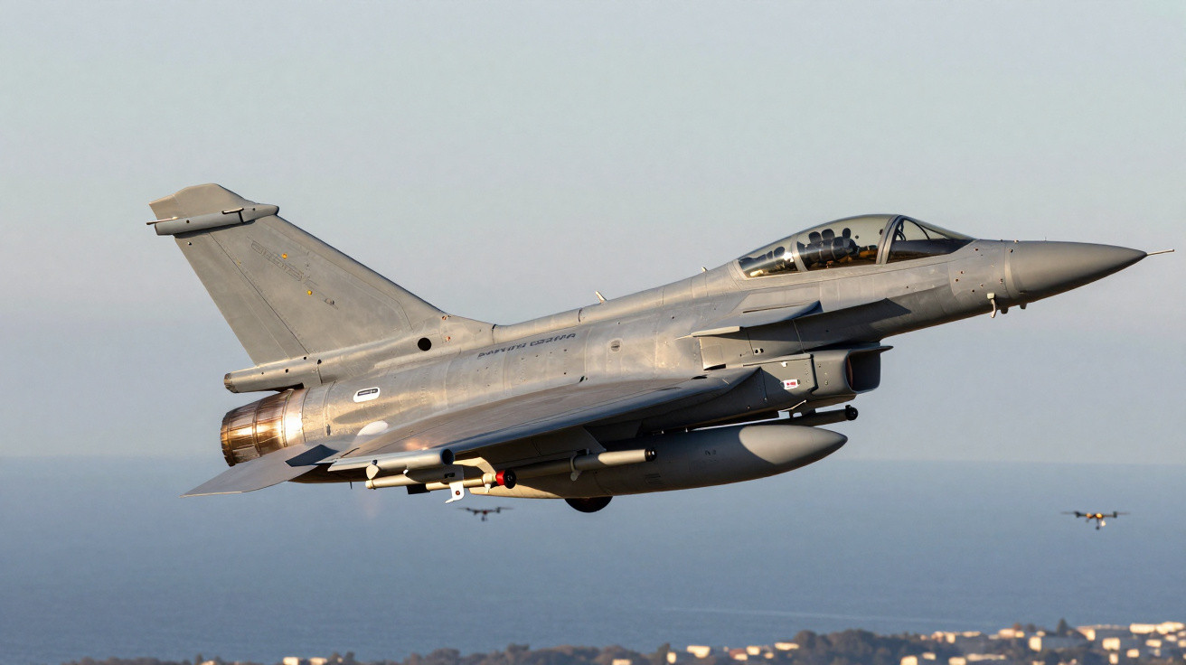 Grey fighter jet flying over coastline with small aircraft in the distance and clear sky background