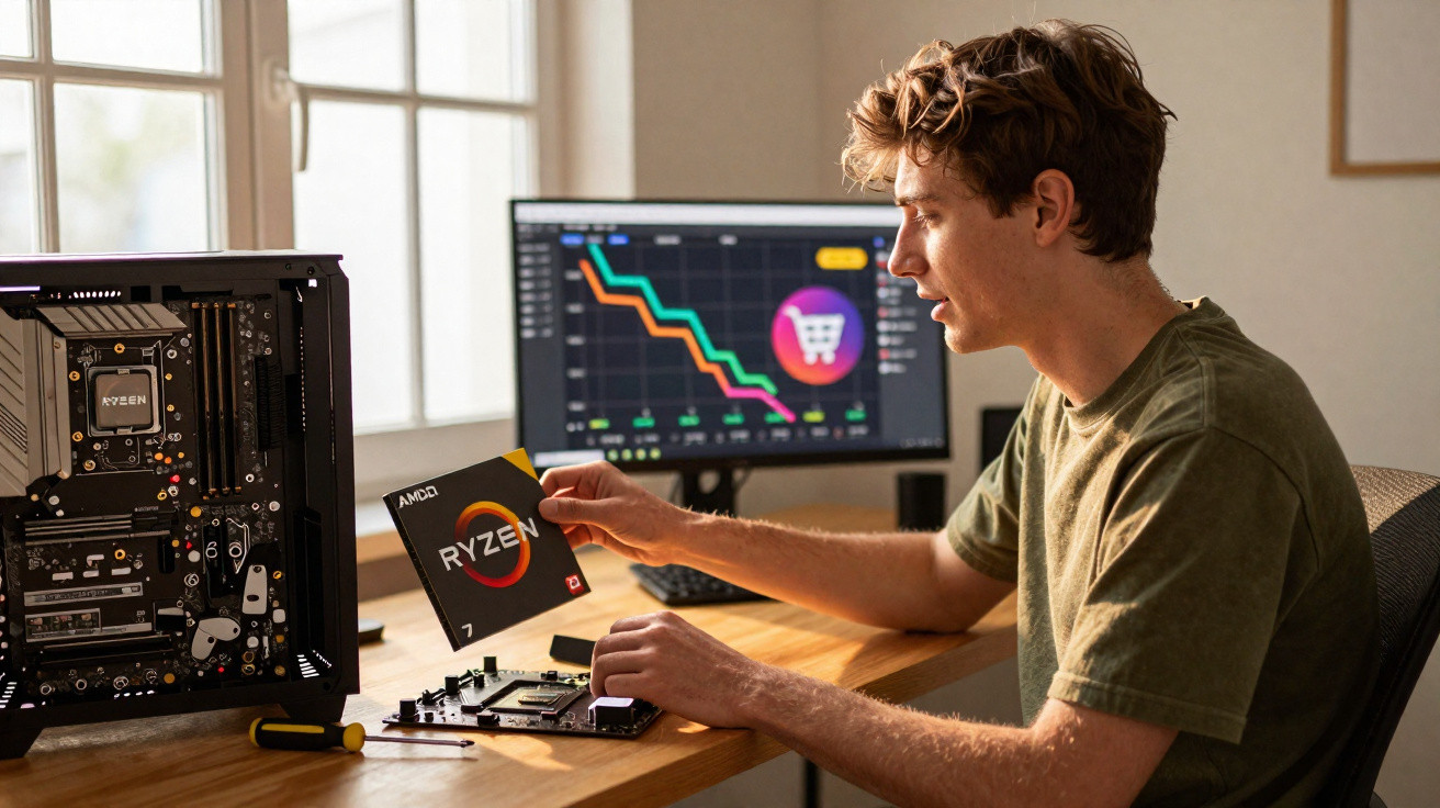 Man assembling a PC holding an AMD Ryzen 7 processor box at a desk with open computer and monitor.