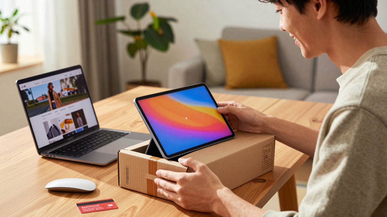 Person unboxing a tablet at a wooden table with a laptop, wireless mouse, and card nearby in a cosy living room.