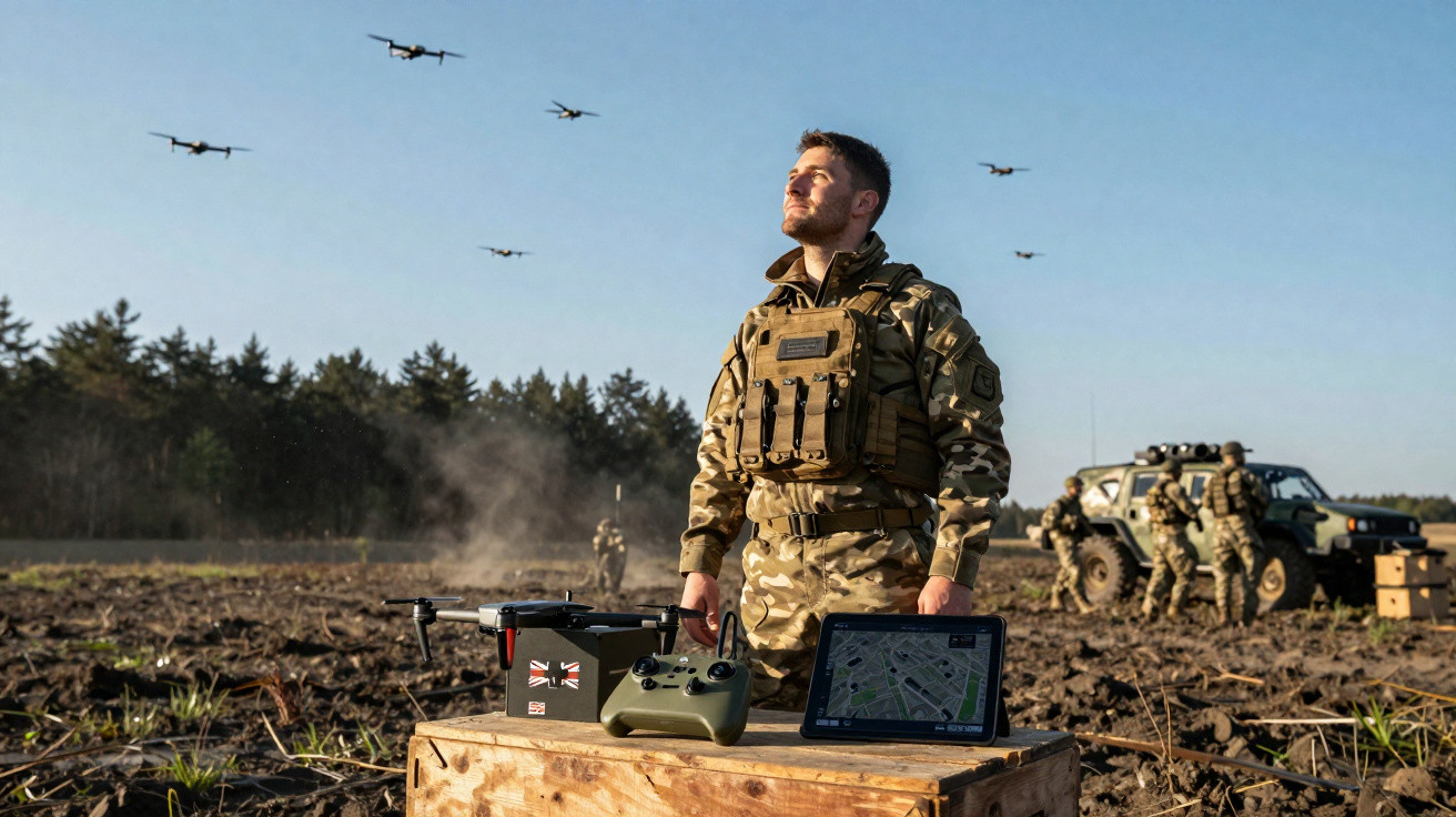 Soldier in camouflage operating drones with control devices on wooden crate in open field with military vehicles nearby.