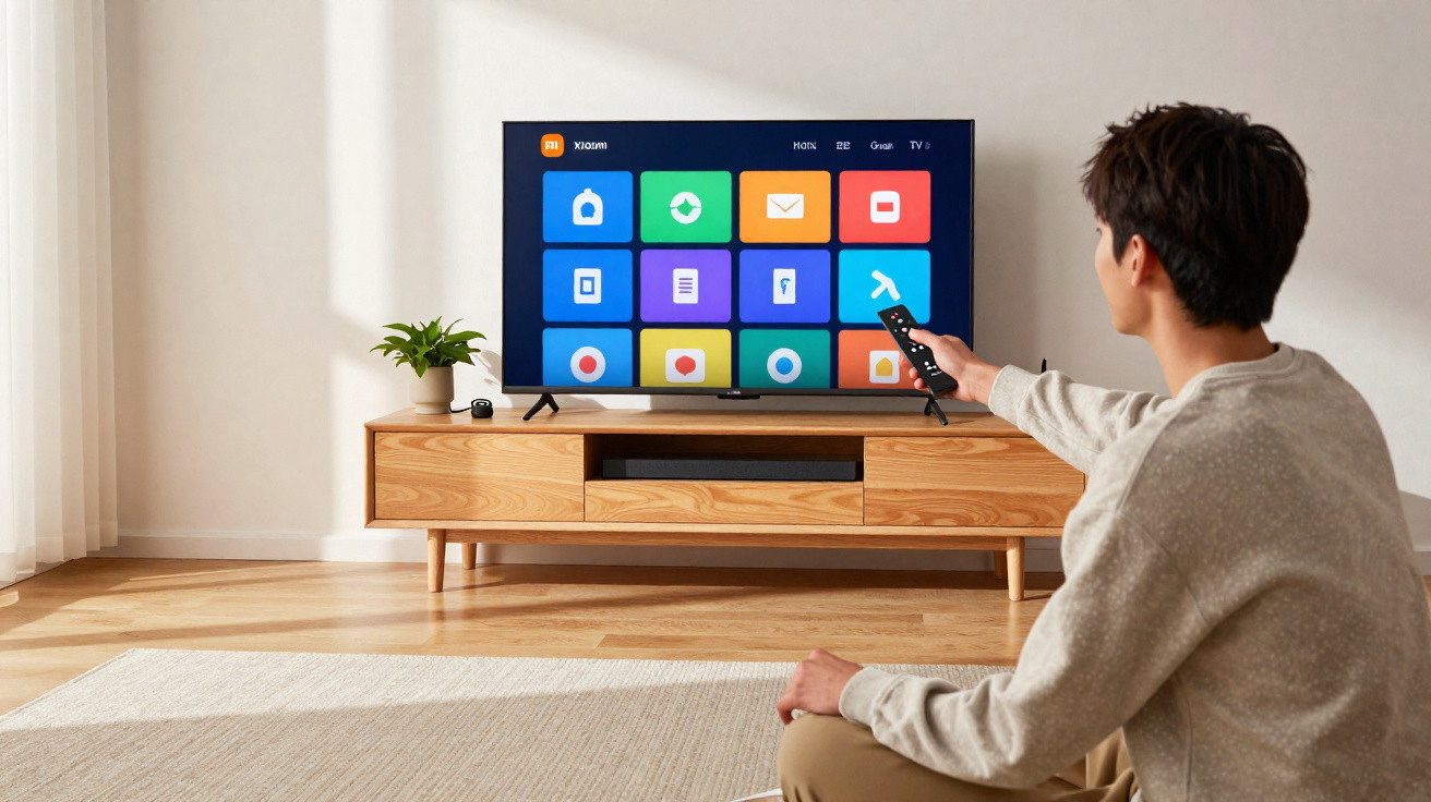 Person using a remote to navigate a smart TV with colourful app icons in a bright living room.