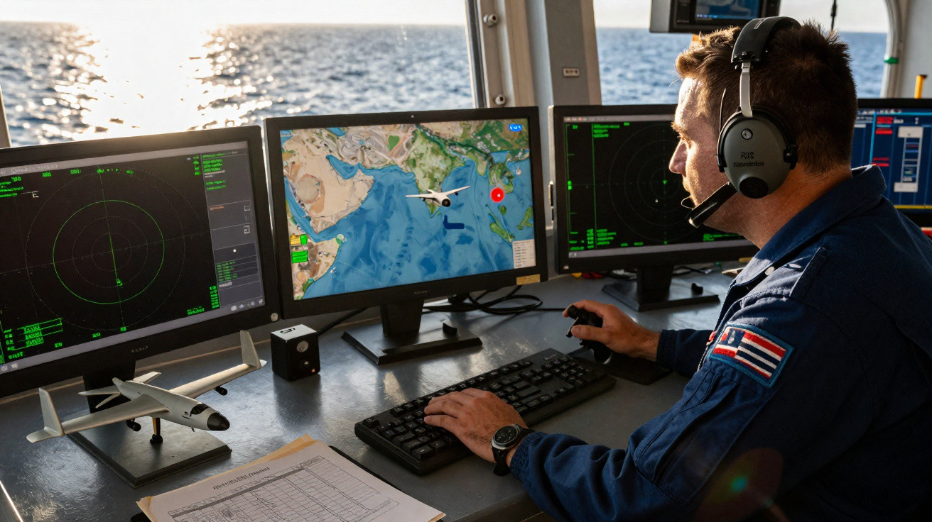 Man wearing headset operating radar and map systems on a ship with ocean visible through window.