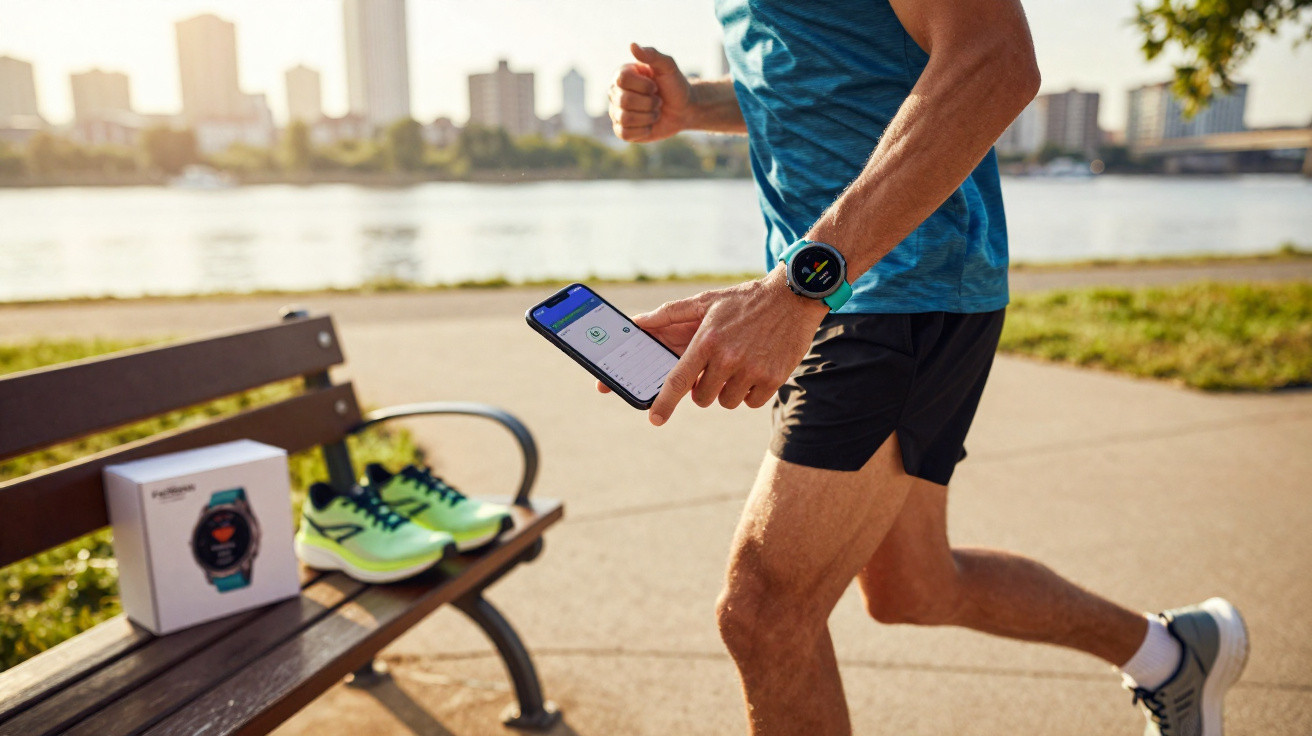 Man jogging outdoors by river holding smartphone, wearing a fitness watch with a park bench nearby.
