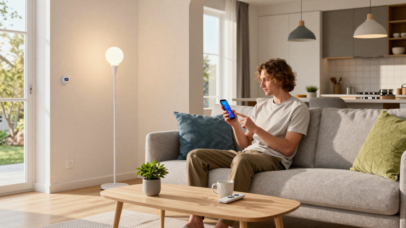 Young man controlling smart home lighting with smartphone while sitting on a grey sofa in a modern living room.