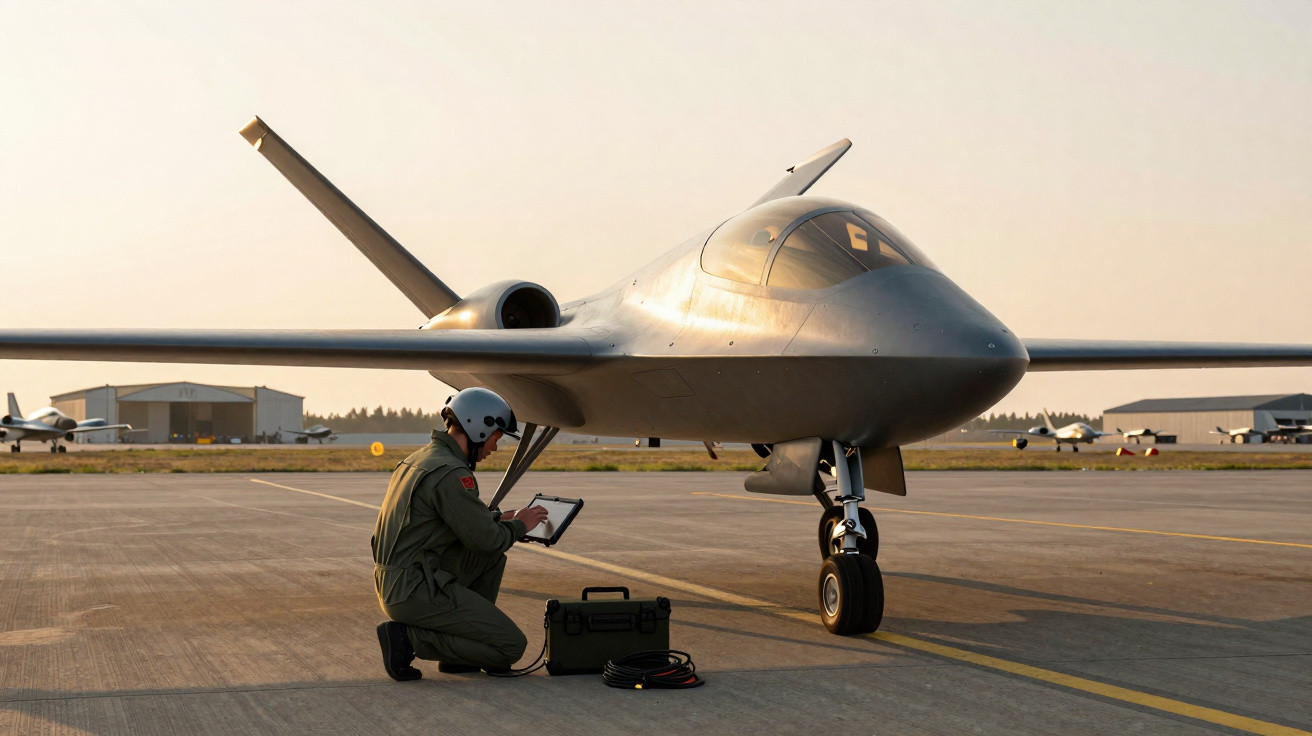 Pilot in flight suit and helmet kneels using a tablet next to a sleek drone on an airfield at sunset.