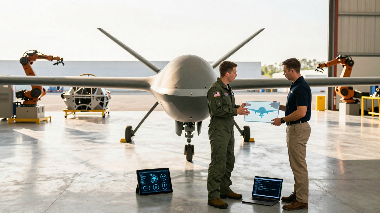 Two men discussing a drone design in a hangar with a large drone and robotics in the background.