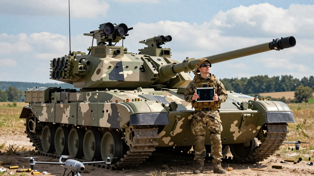 Soldier in camouflage standing beside a camouflaged tank on a field with drones on the ground.