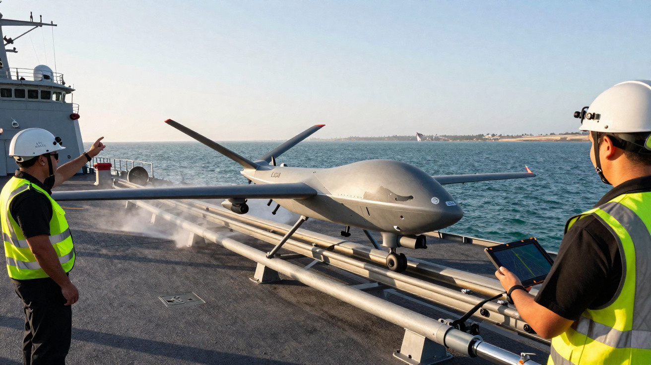 Two workers in safety helmets launching a grey drone from a ship deck over the sea at sunset.
