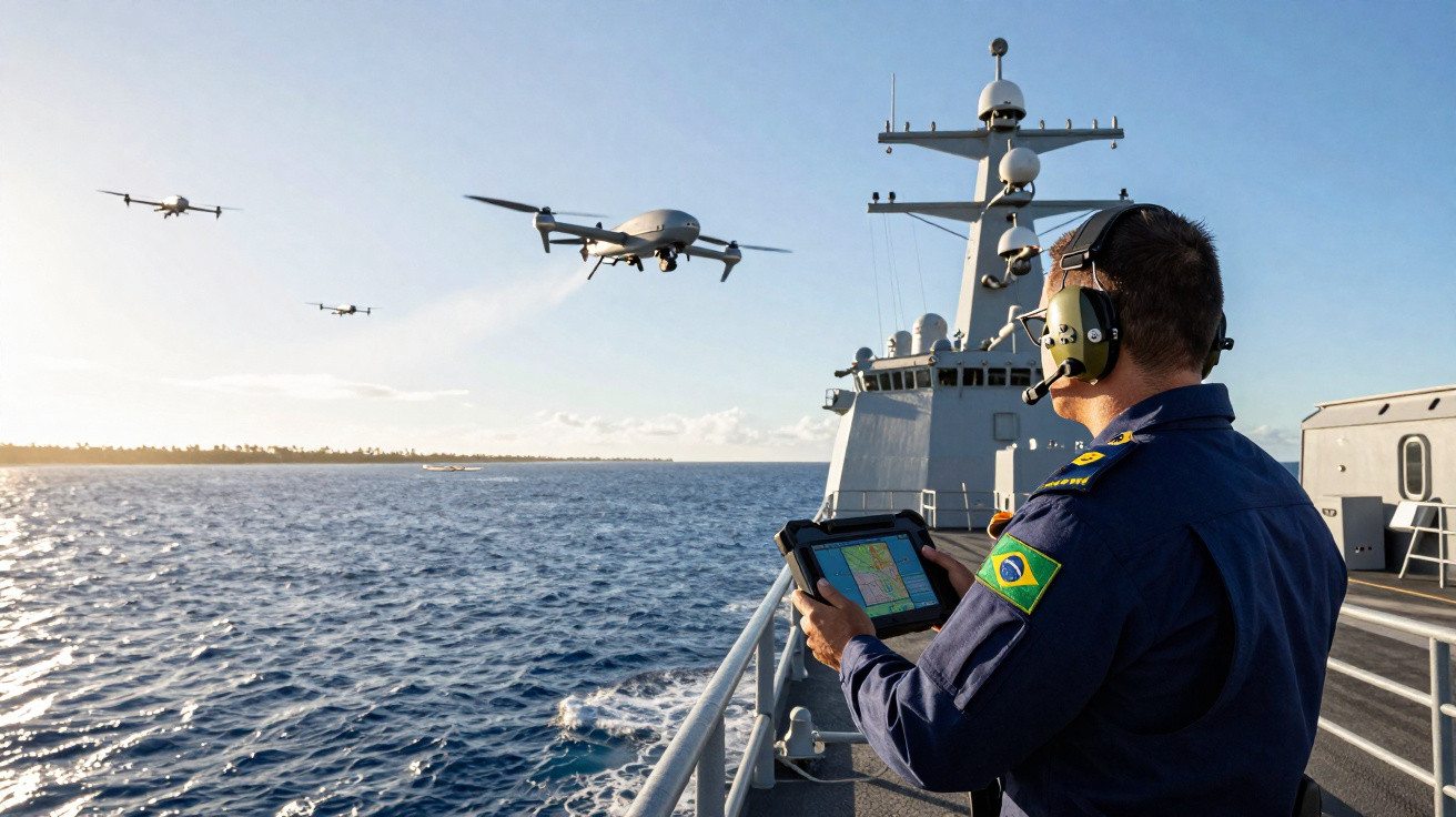 Navy officer on ship operating drones over ocean at sunset with land visible on horizon.