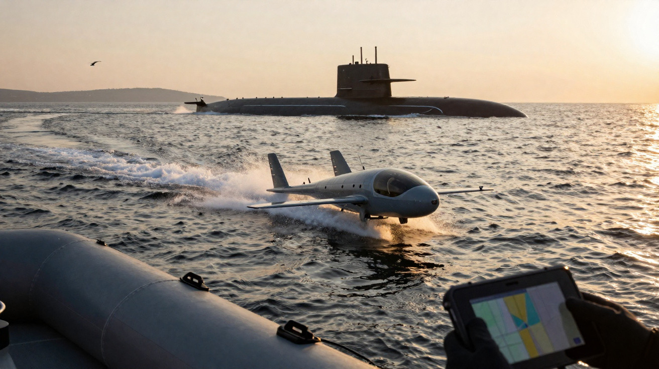 Unmanned seaplane taking off from the sea near a submarine at sunset, viewed from a boat with a tablet.