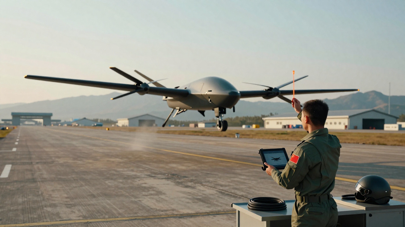 Military drone landing on runway guided by technician holding tablet and signal stick at airbase.