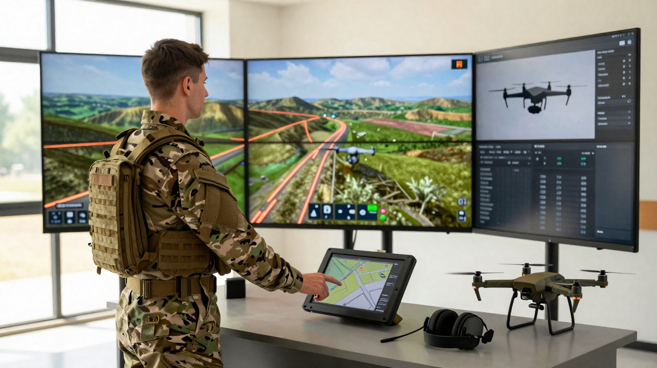 A soldier in camouflage controlling a drone with a tablet, three large screens display terrain and drone footage.