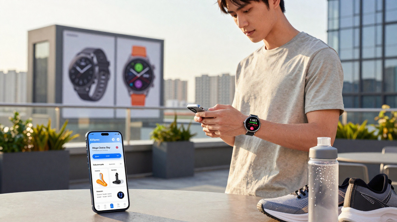 Young man with smart watch and phone on rooftop table with sneakers, water bottle, and watch advertisement billboard.