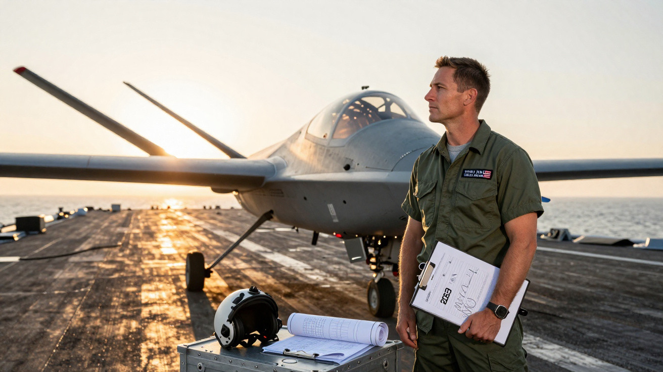 Military personnel standing beside drone aircraft on carrier deck at sunset with helmet and documents on metal box