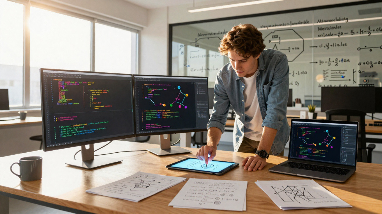 Young man working on coding and network diagrams with multiple screens and papers in a modern office.
