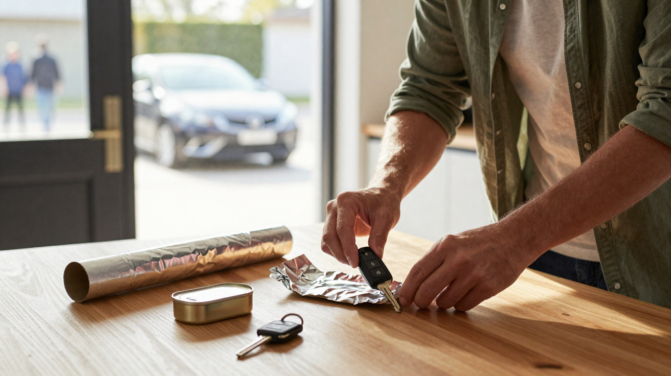 Person wrapping car keys in aluminium foil on a wooden table with a parked car outside.