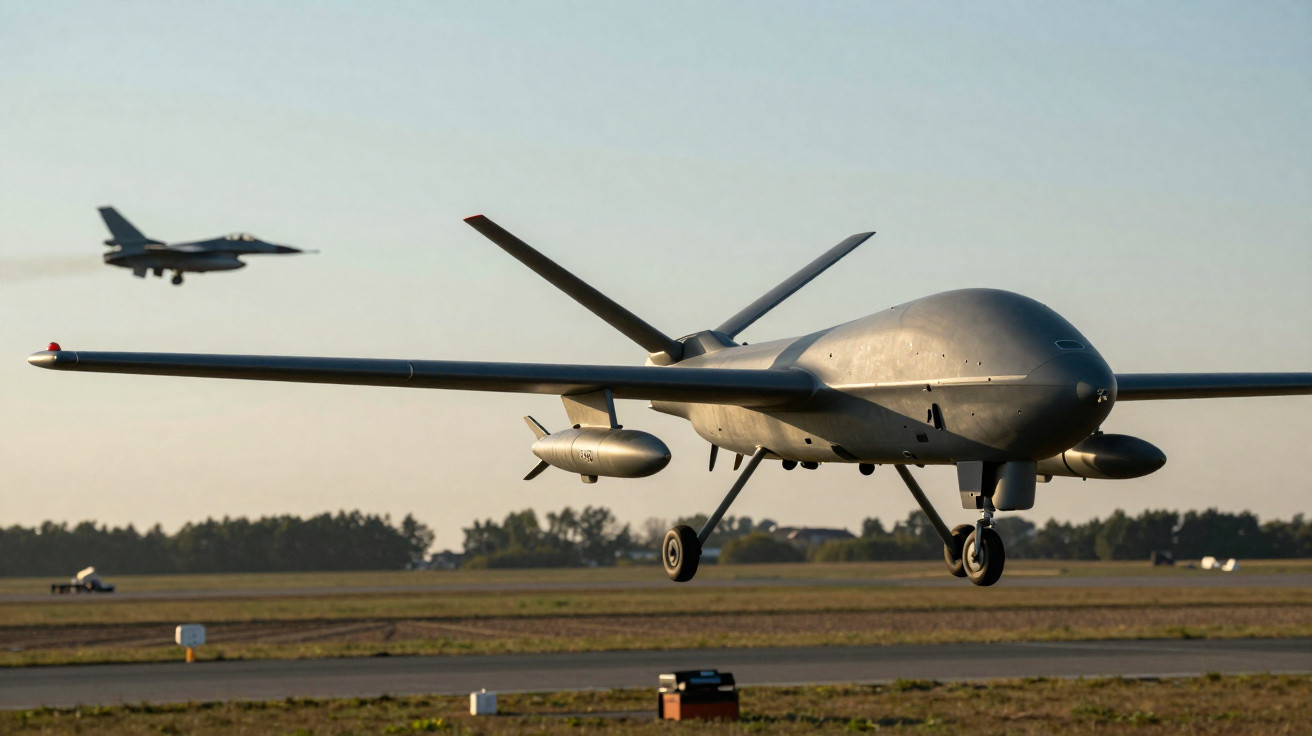 Military drone aircraft landing with fighter jet flying in the background over an airfield at sunset.