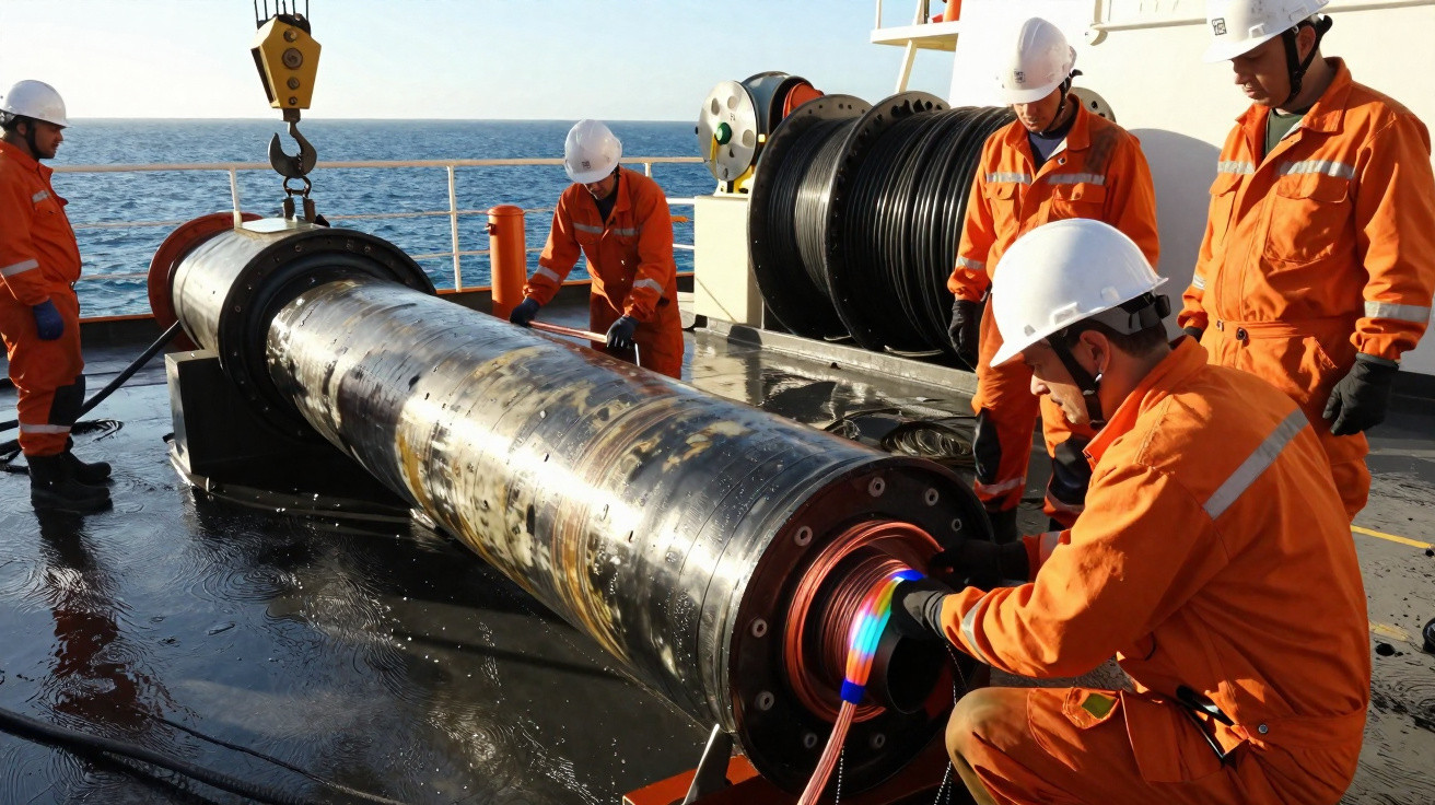 Workers in orange safety gear inspect a large cylindrical pipe on a ship deck near the sea.