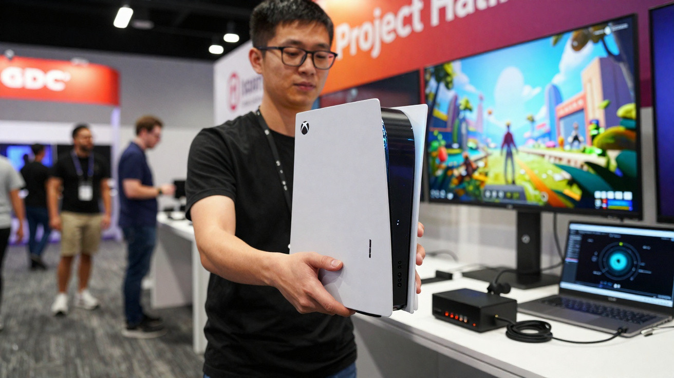 Man holding a white Xbox Series X console at a gaming event booth with screens and attendees in the background.