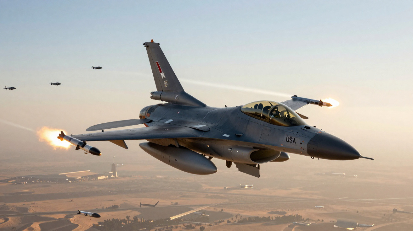 US Air Force fighter jet firing missiles in flight with helicopters in the background over farmland.