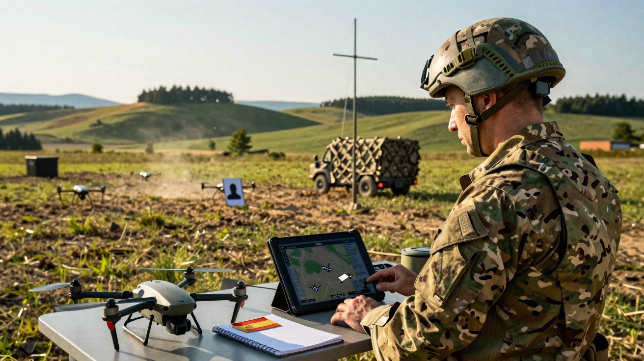 Military personnel in camouflage operating a tablet near a drone on a table in a rural training field.