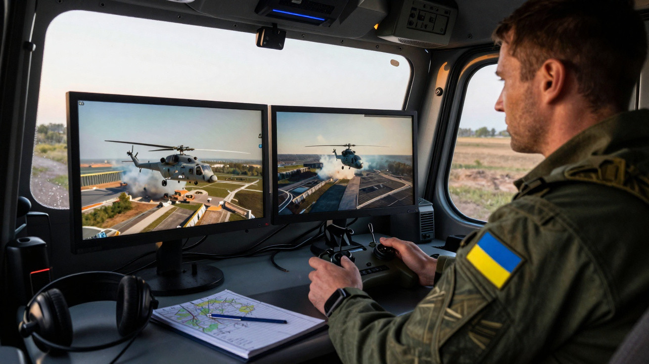 Soldier with Ukrainian flag patch operates drone controls showing military helicopters on two screens.