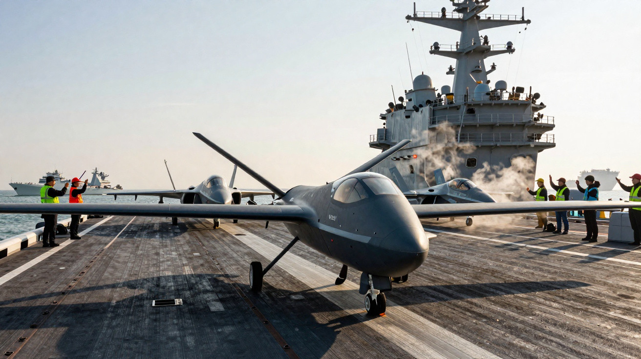 Two unmanned aerial drones on the deck of an aircraft carrier with crew members signalling nearby.