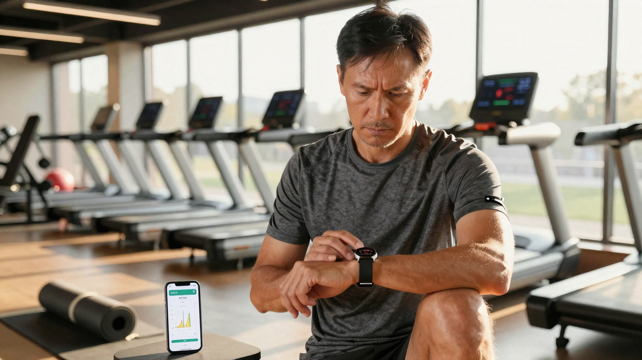 Man in grey sportswear checking smartwatch while sitting in gym with treadmills and smartphone displaying fitness data nearby