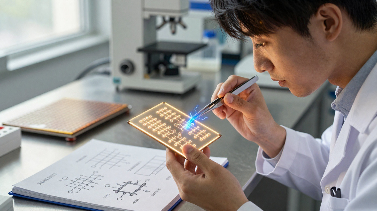 Scientist in a lab coat examining a glowing circuit board with tweezers and a microscope nearby.