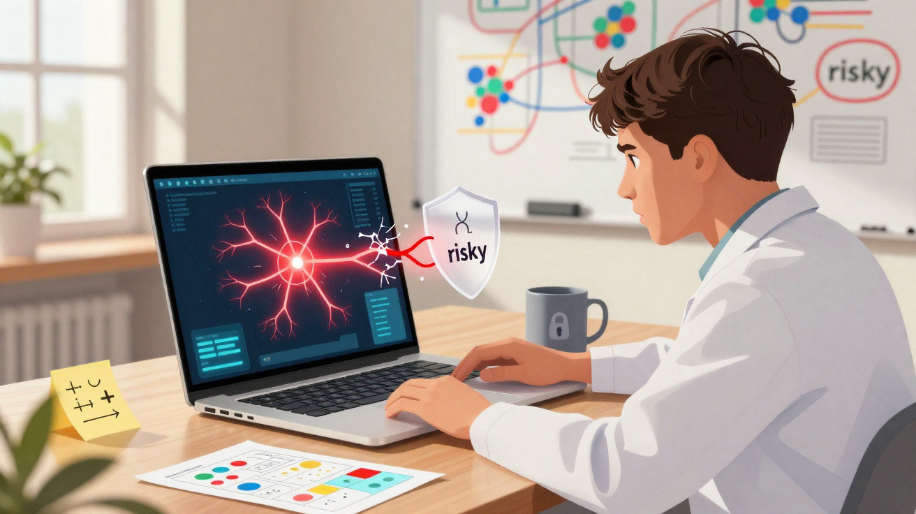 Scientist analysing neuron diagram on laptop showing risky gene connection being blocked by shield icon.