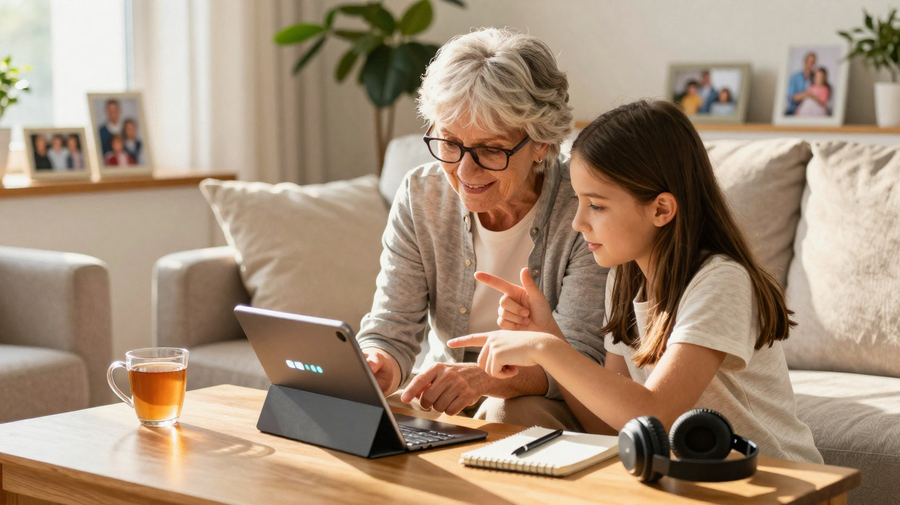 Elderly woman and young girl sitting on a sofa, using a tablet together at a wooden coffee table.