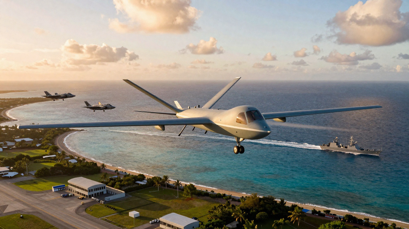 A large drone flies over a coastal airfield with two fighter jets and a naval ship in the sea at sunset.