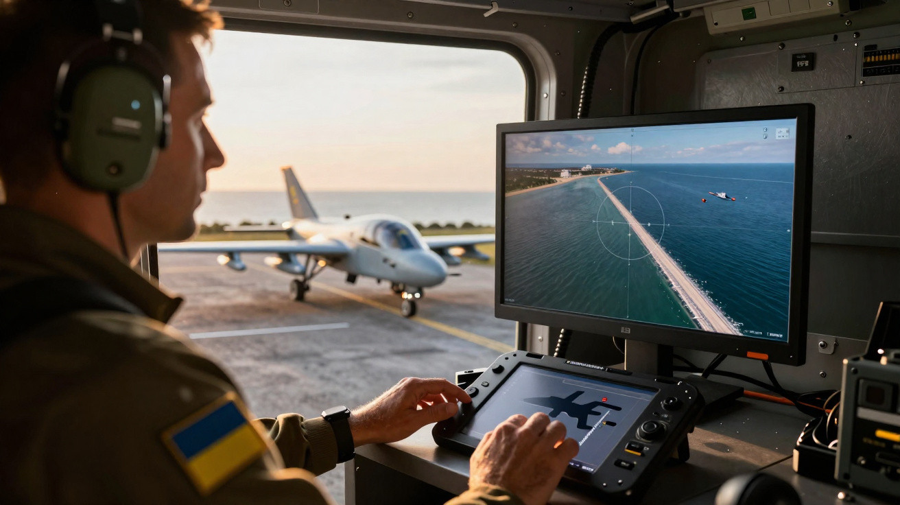 Pilot operating drone controls inside a vehicle, viewing a coastal runway and aircraft on a screen.
