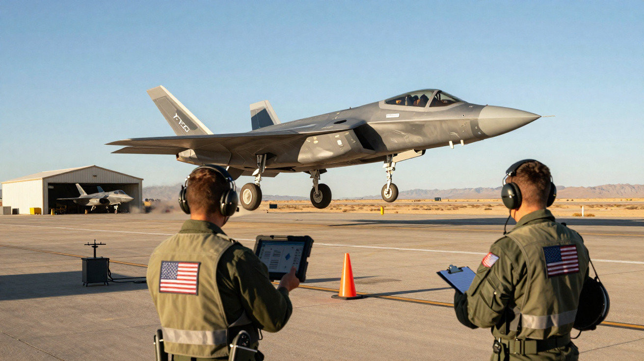 Two military personnel with US flags on their uniforms monitor a stealth aircraft landing on a runway.