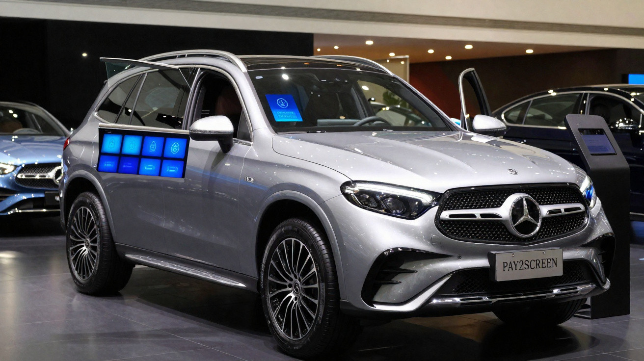 Silver Mercedes-Benz SUV displayed indoors with digital screens visible inside and on side windows.