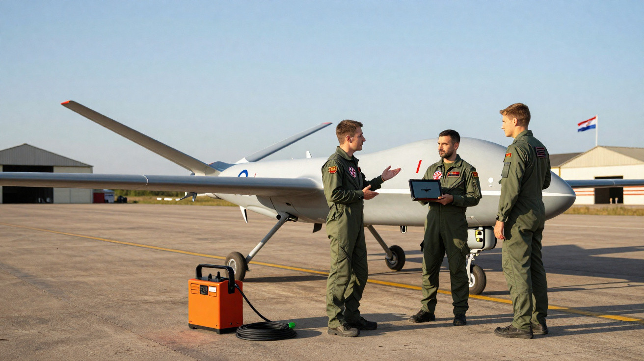 Three military personnel in flight suits stand near a drone and equipment on an airfield with hangars in the background.