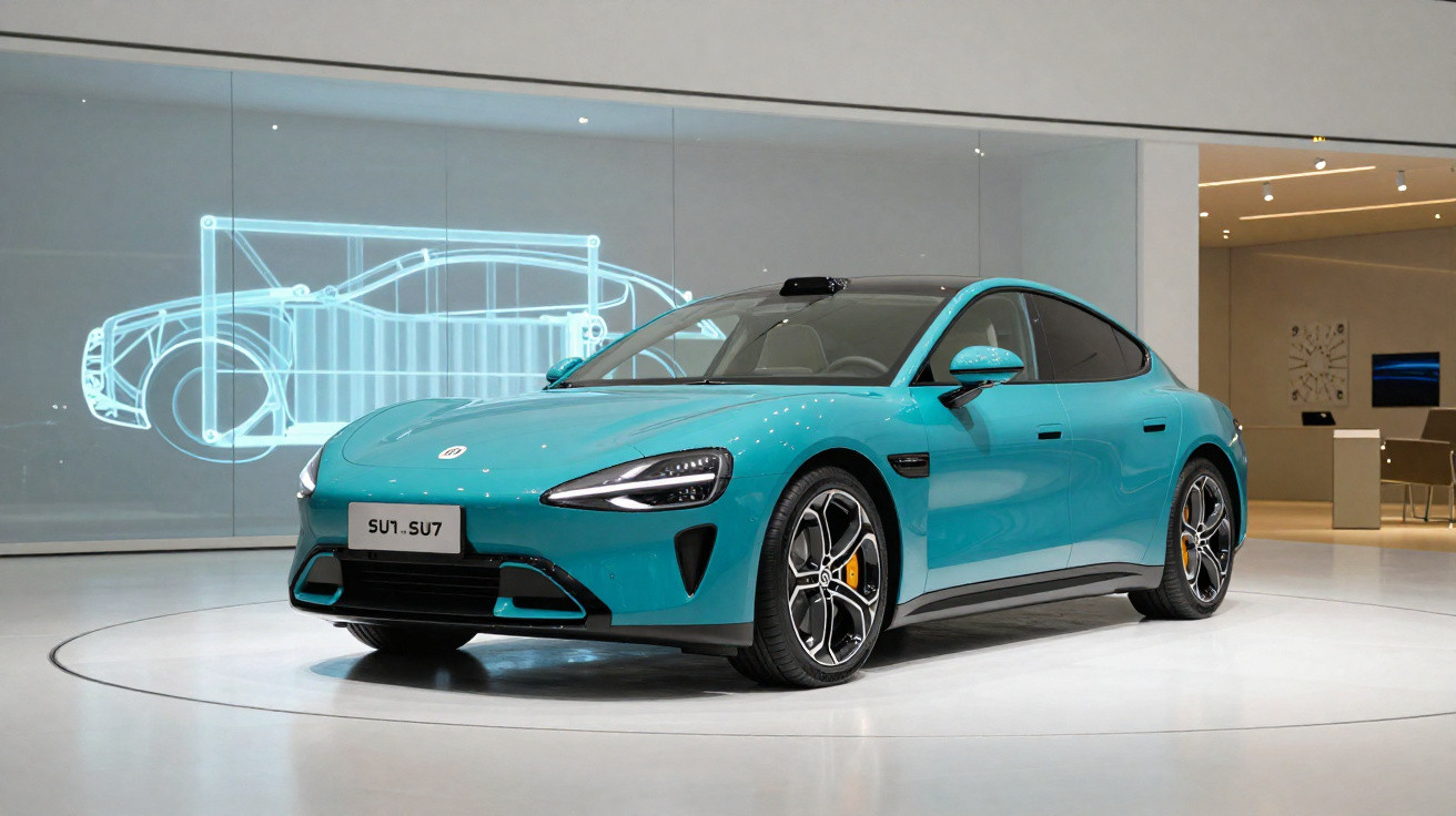 Teal electric sports car displayed in showroom with digital car blueprint on glass wall behind.