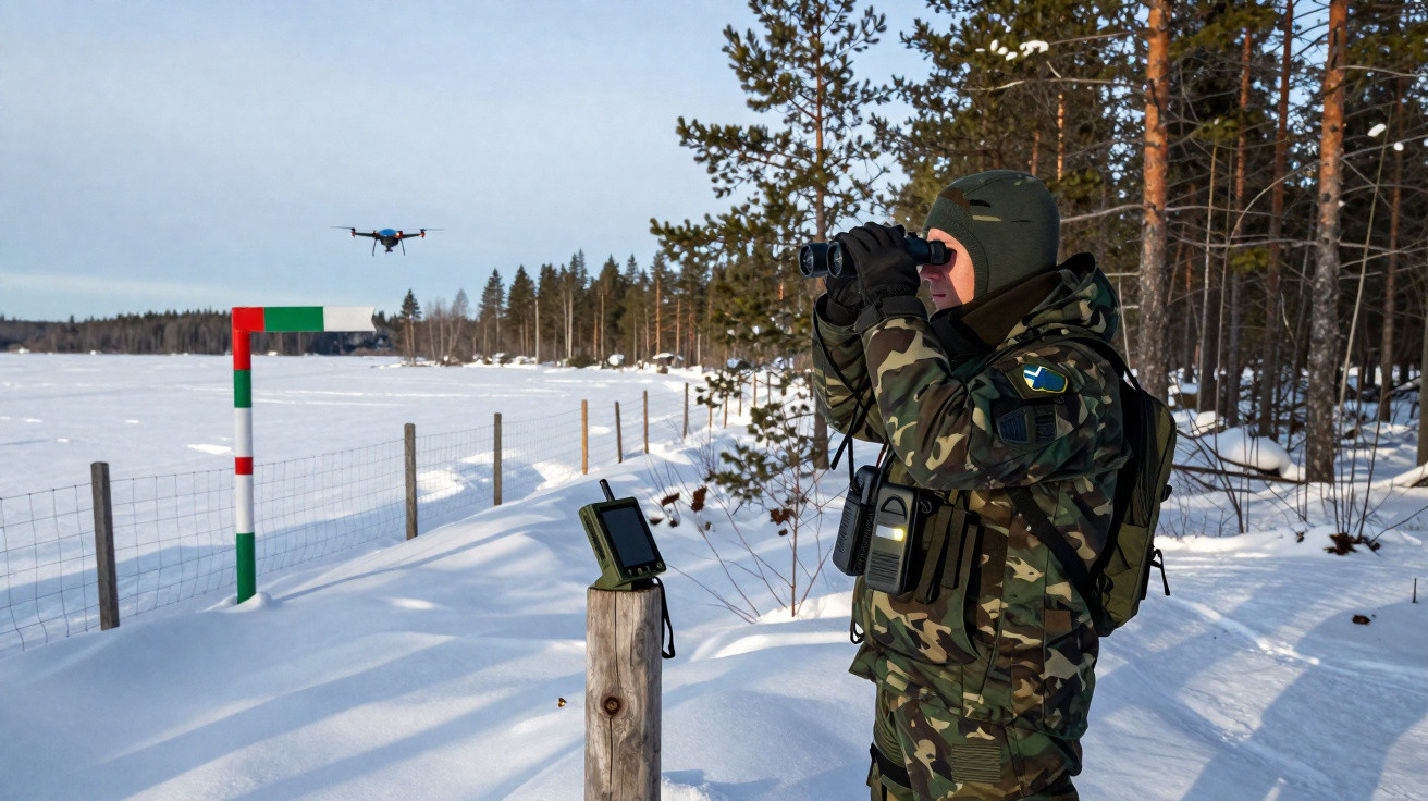 Military personnel in camouflage using binoculars near a drone flying over a snowy landscape in woodland.