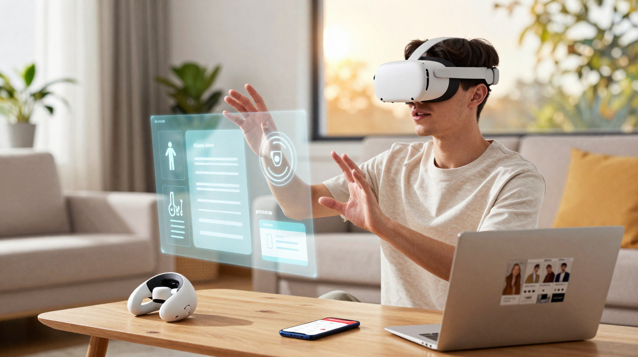 Young man using virtual reality headset to interact with holographic interface in living room at home.