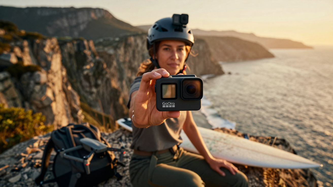 Woman wearing helmet holding action camera on rocky cliff with ocean and surfboard in background at sunset