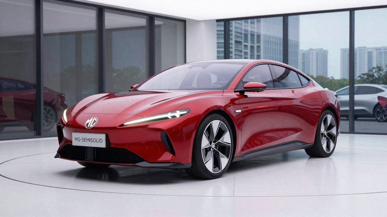 Red MG Semisolid electric coupe parked indoors with city buildings visible through glass walls.