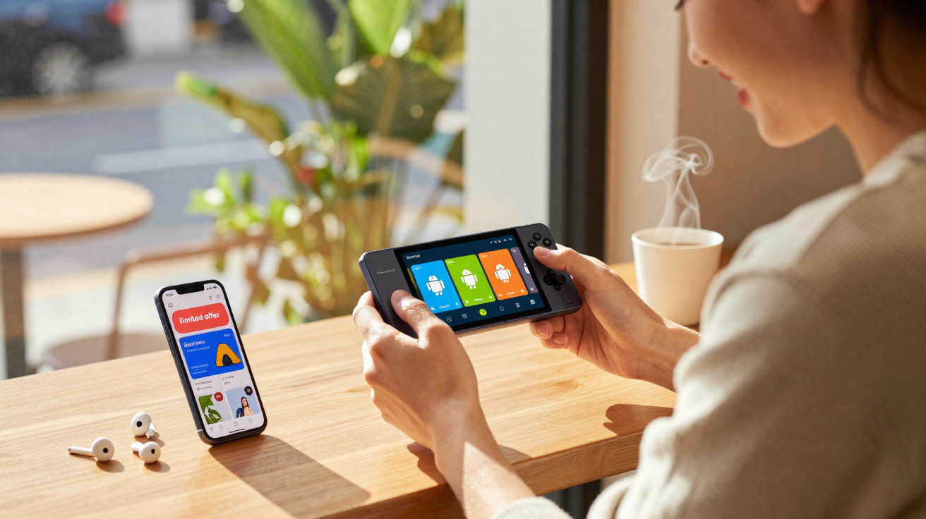 Person holding a handheld gaming device showing Android logos, next to a smartphone and wireless earbuds on a wooden table.