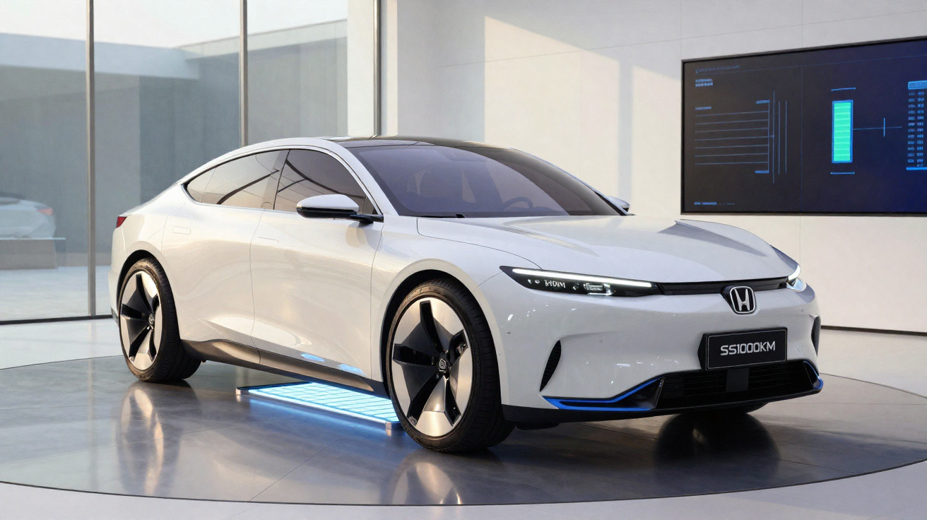 White Honda electric concept car on display in a modern showroom with digital panels in the background.