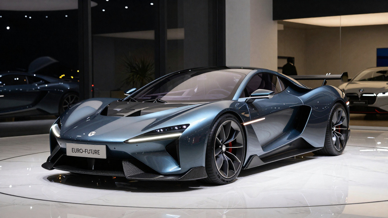 Sleek grey-blue futuristic sports car displayed indoors on a glossy white floor with a black rear spoiler.