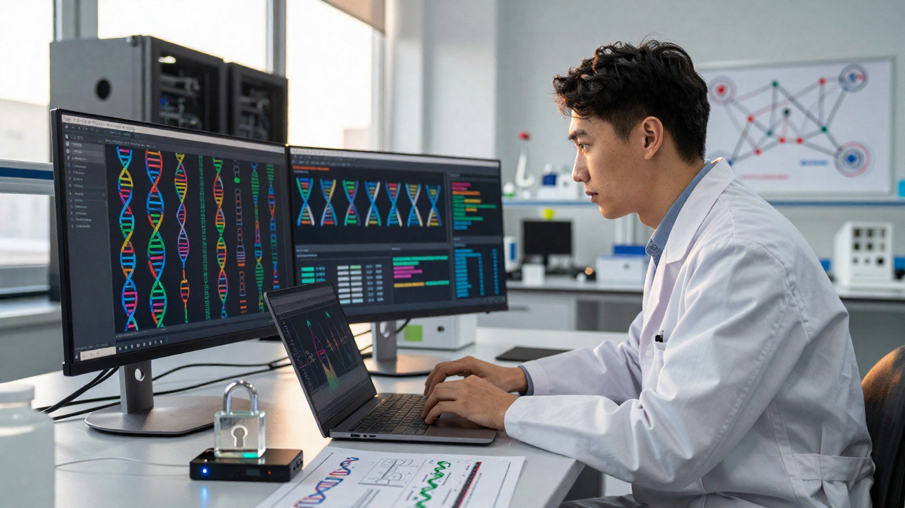 Scientist in lab coat analysing colourful DNA sequences on dual monitors and laptop in a modern laboratory.