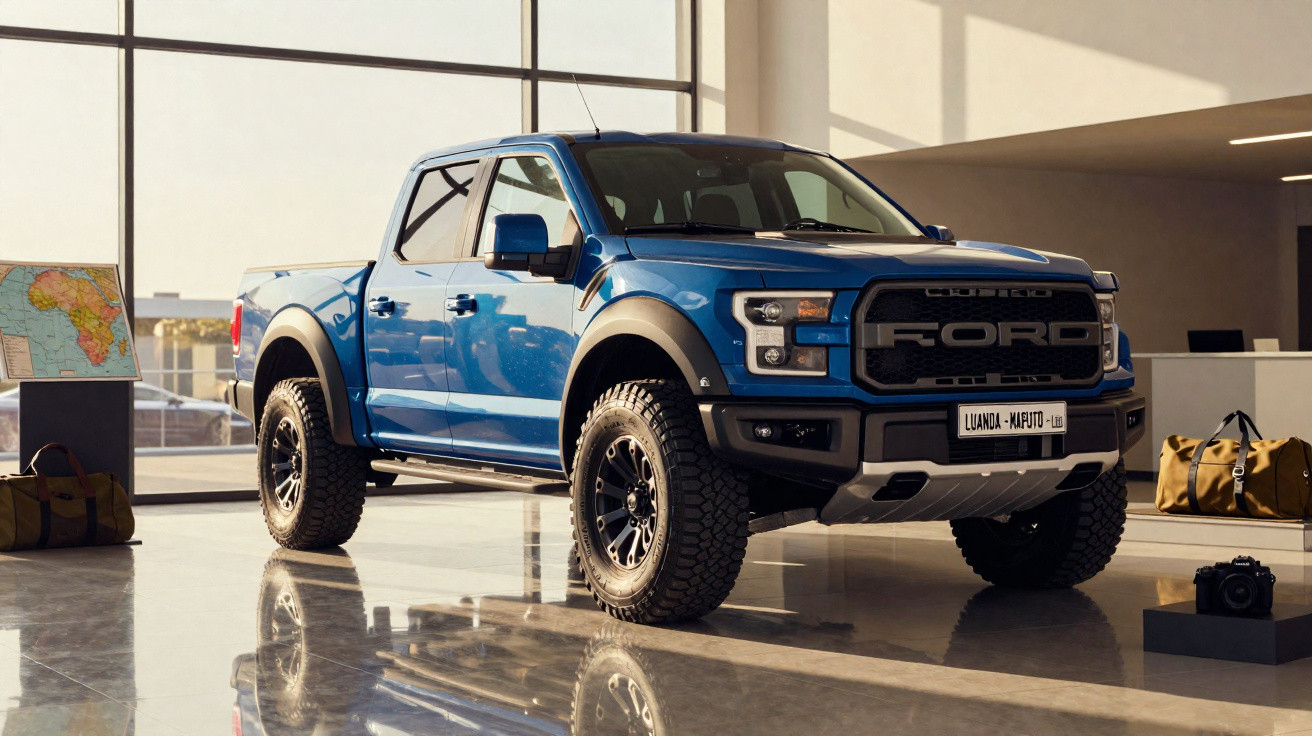 Blue Ford Raptor pickup truck parked in a bright showroom with travel bags and a camera nearby.