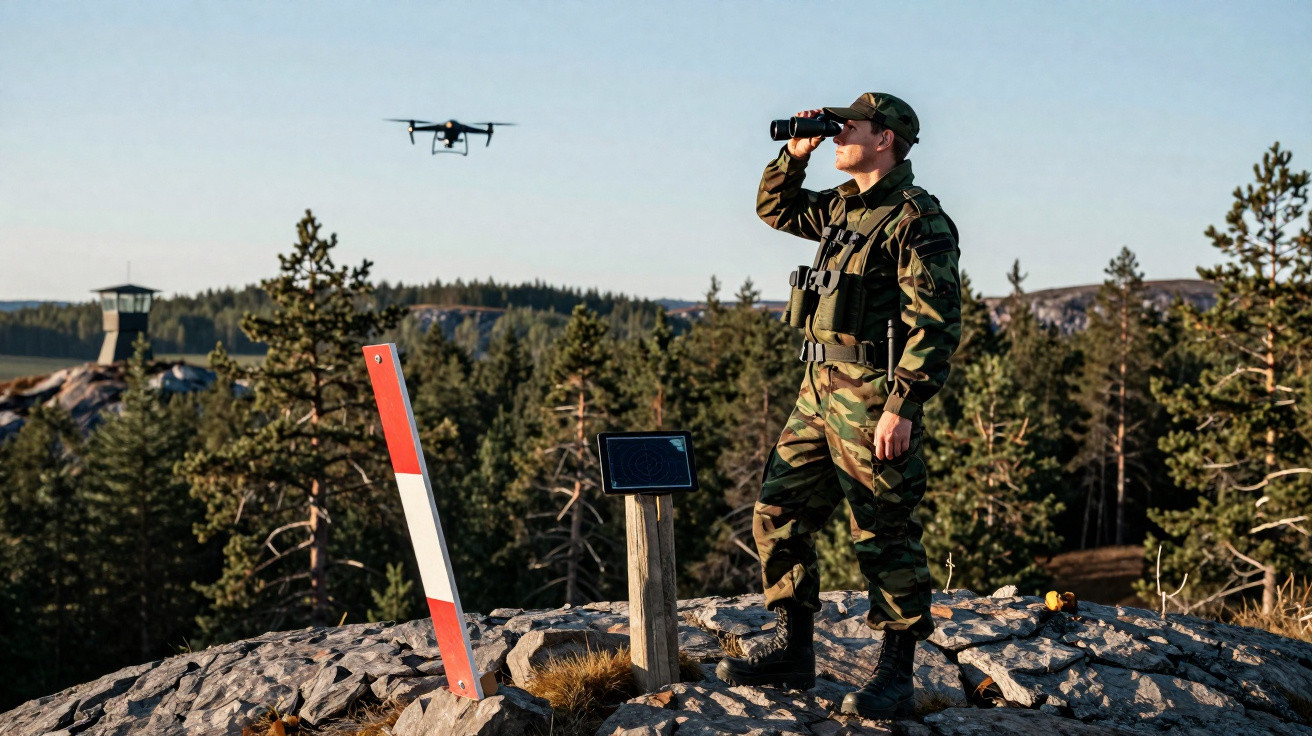 Soldier in camouflage observing with binoculars near a drone on rocky terrain in a forested area.